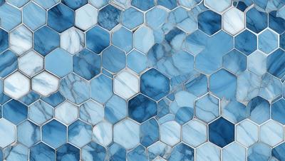 The primary subject of the image is a blue and white marble tile with a hexagonal pattern. The setting is a bathroom, as indicated by the presence of a blue and white marble wall. The visual style is a close-up of the tile, showcasing its intricate design. The dominant colors are blue and white, creating a clean and elegant atmosphere.