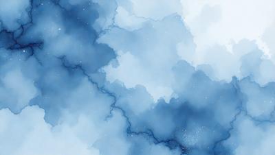 The primary subject of the image is a blue cloudy sky with white stars. The setting is a cloudy blue sky, and the visual style is a watercolor painting. The colors and mood of the image are predominantly blue and white, creating a serene and peaceful atmosphere.