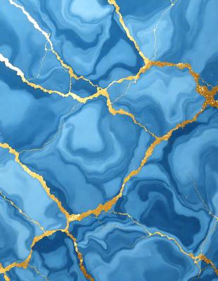 The primary subject of the image is a blue and gold marble tile. The setting is a blue and gold marble tile wall, which serves as the background. The visual style is a close-up of the marble tile, showcasing its intricate design. The dominant colors are blue and gold, creating a luxurious and elegant atmosphere.