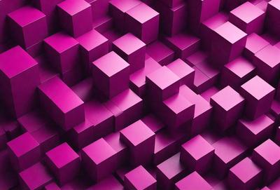 The primary subject of the image is a large, purple, three-dimensional structure made up of many small, square-shaped blocks. The setting is a dark room, and the visual style appears to be a digital art or illustration. The dominant colors are purple and pink, creating a moody and dramatic atmosphere.