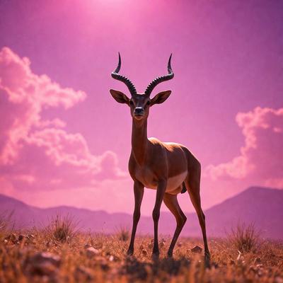 The primary subject of the image is a deer with horns standing in a field. The setting is a grassy area with a mountain in the background. The visual style is a digital art illustration, giving the image a vibrant and detailed appearance. The dominant colors are pink and purple, creating a warm and serene atmosphere.