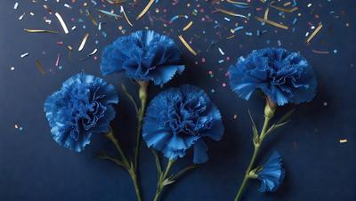 The primary subject of the image is a bouquet of three blue flowers. The flowers are arranged in a vase, and they are placed on a blue background. The visual style of the image is a photo, and the dominant colors are blue and purple. The overall atmosphere of the image is calm and serene.