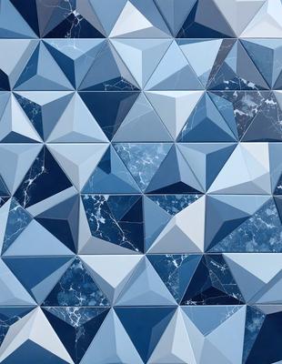 The primary subject of the image is a blue and white geometric pattern, which is the main focus of the image. The setting is a blue and white wall, and the visual style is a combination of photo and digital art. The dominant colors are blue and white, creating a calm and soothing atmosphere.