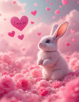 The primary subject of the image is a small white bunny rabbit sitting in a field of pink flowers. The setting is a pink and white background, which adds to the overall mood of the image. The visual style is a combination of photo and digital art, creating a unique and eye-catching scene. The dominant colors are pink and white, giving the image a warm and cheerful atmosphere.