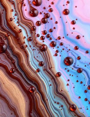 The primary subject of the image is a close-up of a colorful, swirling pattern of red, blue, and purple colors. The setting is a surface with a mix of red and blue colors, creating a visually striking and vibrant scene. The visual style of the image is a combination of digital art and illustration, with the colors and mood evoking a sense of depth and movement.