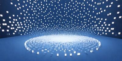 The primary subject of the image is a large, blue, circular pattern made up of white squares. The setting is a dark blue background, which contrasts with the white squares. The visual style is a combination of digital art and illustration, creating a unique and intriguing design. The colors and mood of the image are predominantly dark and moody, with the white squares providing a touch of brightness and contrast.