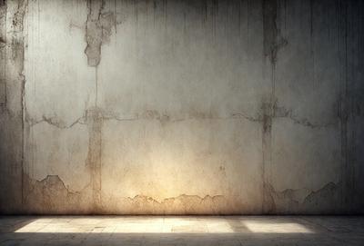 The primary subject of the image is a large, dirty, and peeling wall. The setting is a room with a concrete floor. The visual style is a photo, and the colors and mood are predominantly brown and dull, giving the scene a worn and aged appearance.