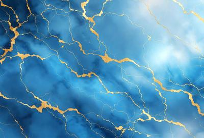 The primary subject of the image is a blue background with gold streaks, creating a visually striking and unique pattern. The setting appears to be a cloudy sky, with the gold streaks resembling lightning or sparkling particles. The visual style of the image is a combination of photo and digital art, as it captures the beauty of the blue and gold pattern. The colors and mood of the image are vibrant and energetic, with the gold streaks adding a sense of motion and dynamism to the overall