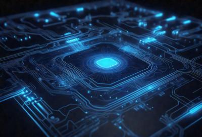 The primary subject of the image is a blue, glowing, and intricate circuit board. The setting is a dark background, which emphasizes the blue light emanating from the circuit board. The visual style is a combination of digital art and illustration, creating a futuristic and technological atmosphere. The dominant colors are blue and black, with the blue light giving the scene a cool and modern mood.
