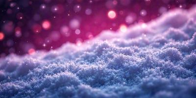 The primary subject of the image is a snowy landscape with a purple hue. The setting is a winter scene with a snow-covered ground, and the visual style is a combination of a photo and digital art. The colors and mood of the image are predominantly purple, creating a serene and peaceful atmosphere.
