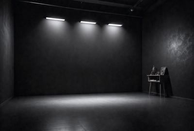 The primary subject of the image is a black room with a table in the corner. The setting is a dark room with a table and a chair. The visual style is a black and white photo. The colors and mood are dark and moody, creating a sense of mystery and intrigue.