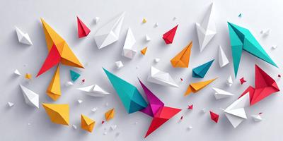 The primary subject of the image is a collection of colorful paper kites. These kites are displayed in various shapes and sizes, creating a visually appealing and vibrant scene. The setting is a white background, which provides a clean and uncluttered environment for the kites to stand out. The visual style of the image is a combination of digital art and illustration, as the kites are depicted in a detailed and artistic manner. The colors and mood of the image are predominantly bright and cheer