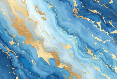 The primary subject of the image is a blue and gold marbled wallpaper. The setting is a room with a blue and gold marbled wallpapered wall. The visual style is a close-up of the wallpaper, showcasing its intricate design. The colors and mood of the image are predominantly blue and gold, creating a luxurious and elegant atmosphere.