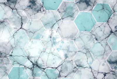 The primary subject of the image is a blue and white patterned surface, which appears to be a wall or a piece of artwork. The setting is a room with a blue and white color scheme. The visual style is a combination of digital art and illustration, creating a unique and artistic appearance. The dominant colors are blue and white, giving the scene a calm and soothing atmosphere.