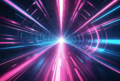 The primary subject of the image is a tunnel with a bright pink light at the end. The setting is a tunnel, and the visual style is digital art. The dominant colors are pink and purple, creating a vibrant and energetic atmosphere.