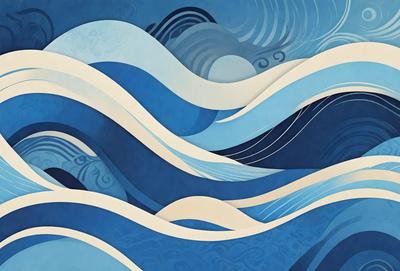 The primary subject of the image is a painting of a wave, featuring a blue ocean with white and blue swirls. The setting is a blue background, and the visual style is a digital art or illustration. The dominant colors are blue and white, creating a serene and calming atmosphere.
