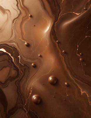 The primary subject of the image is a close-up of a chocolate-covered surface, possibly a cake or a chocolate sculpture. The setting is a dark background, which contrasts with the rich brown color of the chocolate. The visual style appears to be a close-up photo of the chocolate, showcasing its texture and details. The overall atmosphere is one of indulgence and richness, as the chocolate is the main focus of the image.