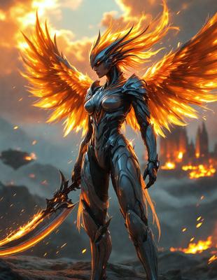 The primary subject of the image is a woman with a sword, dressed in a metallic outfit. She is standing in front of a castle, which serves as the setting for the scene. The visual style of the image is digital art, with the woman's outfit and the castle's design appearing to be digitally rendered. The colors in the image are predominantly metallic and dark, creating a dramatic and intense atmosphere.