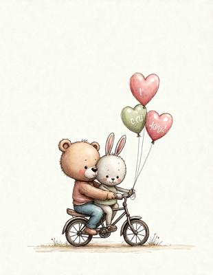 The primary subject of the image is a cartoon bear and a bunny riding a bicycle together. They are holding onto a string of balloons, which are attached to the bicycle. The setting is a grassy area, and the visual style is a digital illustration. The colors are predominantly pink and white, giving the scene a cheerful and playful atmosphere.