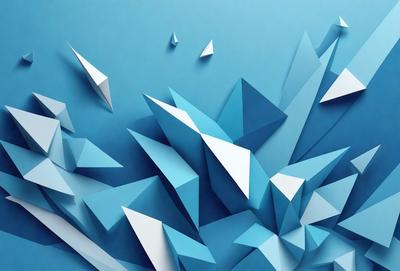 The primary subject of the image is a blue wall with a pattern of white triangles. The setting is a room with a blue background. The visual style is digital art, as the triangles are created using a computer program. The dominant colors are blue and white, giving the image a calm and soothing atmosphere.