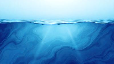 The primary subject of the image is the ocean, with a clear blue water surface. The setting is underwater, with the sunlight shining through the water, creating a beautiful and serene atmosphere. The visual style is a digital art or illustration, showcasing the depth and beauty of the ocean. The colors and mood are predominantly blue, creating a sense of calmness and tranquility.
