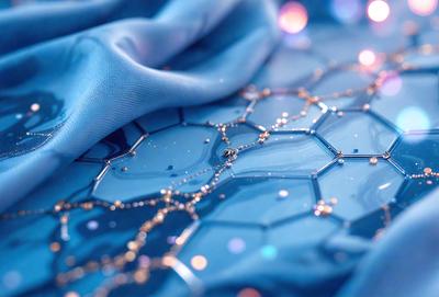The primary subject of the image is a blue cloth with a pattern of gold stars. The setting is a blue background, and the visual style appears to be a combination of a photo and digital art. The dominant colors are blue and gold, creating a calm and serene atmosphere.