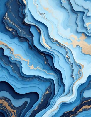 The primary subject of the image is a blue and gold patterned wallpaper. The setting is a wall, and the visual style is a digital art or illustration. The dominant colors are blue and gold, creating a rich and luxurious atmosphere.