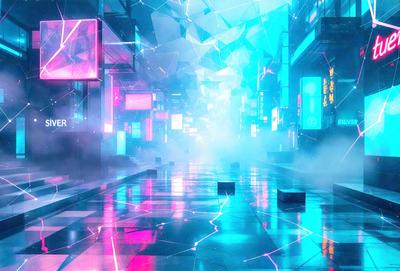 The primary subject of the image is a futuristic cityscape with a blue and pink color scheme. The setting is a city street with a sidewalk, and the background features a skyline with various buildings and neon lights. The visual style is a combination of digital art and illustration, creating a vibrant and dynamic atmosphere. The colors and mood of the image are predominantly blue and pink, giving it a futuristic and dreamy feel.