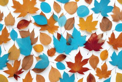 The primary subject of the image is a collection of leaves in various colors, including blue, orange, and red. The leaves are scattered across a white surface, creating a visually appealing and vibrant display. The setting appears to be a studio or a controlled environment, as the leaves are arranged in a deliberate manner. The visual style of the image is a combination of photo and digital art, as the leaves are presented in a way that resembles a painting or a digital illustration. The dominant colors and overall atmosphere of the