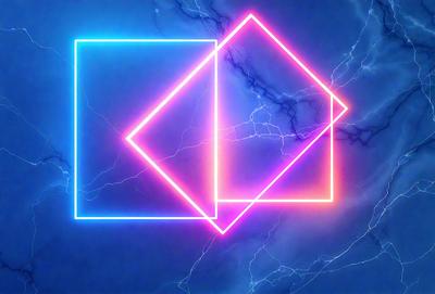 The primary subject of the image is a neon-colored square, which is the main object, scene, or focus of the image. The setting is a blue background, which adds to the overall atmosphere. The visual style is digital art, as the square is composed of multiple smaller squares arranged in a pattern. The colors and mood are vibrant and energetic, with the neon colors creating a lively and dynamic scene.