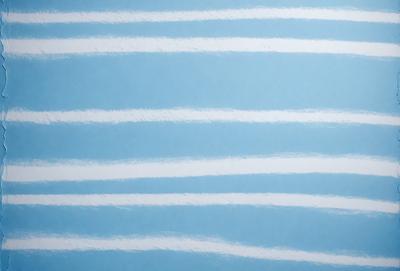 The primary subject of the image is a blue background with white stripes. The setting is a wall, and the visual style is a pattern. The dominant colors are blue and white, creating a calm and soothing atmosphere.
