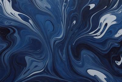 The primary subject of the image is a blue and white painting of a swirling, flowing pattern. The setting is a blue background, and the visual style appears to be a digital art or illustration. The dominant colors are blue and white, creating a calming and serene atmosphere.