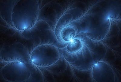 The primary subject of the image is a blue spiral pattern, which appears to be a digital art or illustration. The setting is a dark, starry sky, creating a sense of depth and mystery. The visual style is artistic and creative, with the spiral pattern being the main focus of the image. The colors are predominantly blue, giving the scene a calm and serene atmosphere.