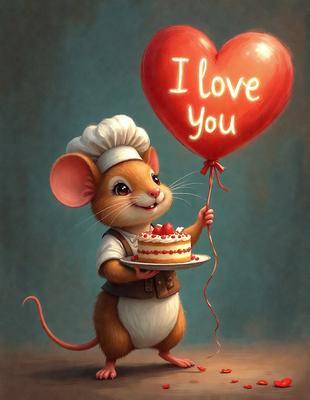 The image features a cute cartoon mouse holding a heart-shaped balloon with the words "I love you" written on it. The mouse is standing next to a cake, which is placed on a dining table. The scene appears to be a whimsical and playful illustration, possibly for a Valentine's Day celebration.