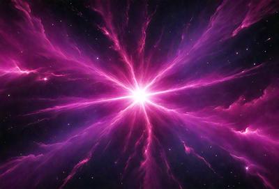 The primary subject of the image is a bright pink nebula, which is the main object, scene, or focus of the image. The setting or background of the image is a dark, star-filled sky, which provides a contrasting backdrop for the vibrant pink nebula. The visual style of the image is a combination of photo and digital art, as it captures the beauty of the nebula in a unique and artistic manner. The colors and mood of the image are predominantly p