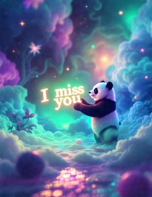 The primary subject of the image is a panda bear. The setting is a colorful, cloudy sky, and the visual style is digital art. The colors and mood of the image are vibrant and lively, with a sense of playfulness and whimsy.
