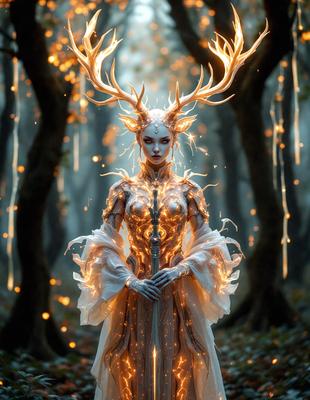 The primary subject of the image is a woman dressed in a gown with antlers on her head, standing in a forest. The setting is a dark, wooded area with trees surrounding her. The visual style of the image is a combination of photo and digital art, creating a surreal and enchanting atmosphere. The colors in the image are predominantly dark, with the woman's gown and antlers being the main focus, while the forest and trees provide a contrasting backdrop.