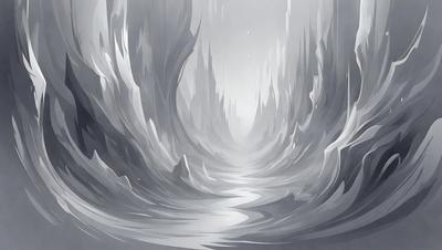 The image is a black and white illustration of a mountainous landscape. The primary subject is a long, narrow, and winding path that leads through the mountains. The setting is a rocky, mountainous terrain with a sense of depth and distance. The visual style is a detailed and intricate illustration, giving the scene a dramatic and captivating appearance. The colors and mood are primarily dark and moody, with the black and white color scheme adding to the dramatic atmosphere.