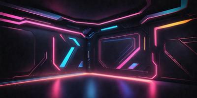 The primary subject of the image is a futuristic room with a neon-colored design. The room features a large window and a pink and blue color scheme. The setting is a futuristic environment, and the visual style is a combination of digital art and illustration. The colors and mood of the room are vibrant and energetic, creating a sense of excitement and wonder.