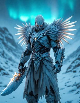 The primary subject of the image is a character dressed in a blue and white costume, holding a sword. The setting is a snowy mountain, with a backdrop of a rocky landscape. The visual style is digital art, and the colors and mood are cold and dramatic.