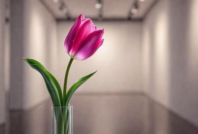 The primary subject of the image is a single pink flower in a clear vase. The setting is a white wall, which serves as the background. The visual style is a photo, capturing the beauty of the pink flower in a simple yet elegant arrangement. The colors and mood of the image are predominantly white and pink, creating a sense of calmness and elegance.