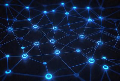 The primary subject of the image is a blue, glowing network of interconnected lines, which resembles a web or a complex pattern. The setting is a dark background, which contrasts with the bright blue lines. The visual style is a combination of digital art and illustration, creating a unique and captivating image. The colors and mood are predominantly blue, with a sense of depth and intricacy.