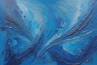 The primary subject of the image is a painting featuring a blue background with a white and blue swirl design. The setting is a canvas, and the visual style is a painting. The dominant colors are blue and white, creating a calm and serene atmosphere.