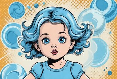 The primary subject of the image is a young girl with blue hair, wearing a blue dress. She is looking at the camera with a pouty expression. The setting is a colorful background featuring bubbles, which adds a playful and vibrant atmosphere to the scene. The visual style is a combination of digital art and illustration, creating a unique and eye-catching image. The dominant colors are blue and pink, which contribute to the overall mood of the image.