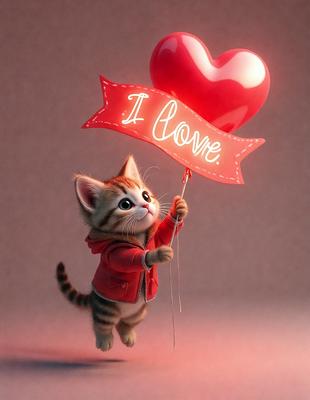 The primary subject of the image is a small, cute kitten holding a heart-shaped balloon. The kitten is wearing a red jacket, and the heart-shaped balloon is red as well. The setting is a white background, which provides a clean and simple backdrop for the image. The visual style is a digital illustration, giving the image a cute and playful appearance. The colors and mood of the image are predominantly warm and cheerful, with the red hues