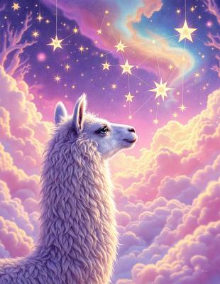 The primary subject of the image is a lamb with a sad expression, standing in a purple and pink sky filled with stars. The lamb appears to be looking up at the sky, possibly contemplating its surroundings. The setting is a whimsical, dreamy landscape with a celestial backdrop, creating a sense of wonder and serenity. The visual style is a digital art or illustration, with a focus on the lamb and its environment. The colors and mood of the image are pre