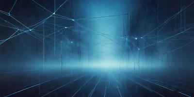 The primary subject of the image is a blue, neon-lit tunnel. The setting is a dark, blue-lit tunnel with a blue background. The visual style is a digital art or illustration, creating a futuristic and surreal atmosphere. The dominant colors are blue and black, with the blue lighting creating a sense of depth and mystery.