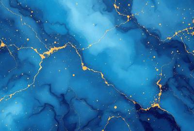 The primary subject of the image is a blue and gold swirling pattern, which appears to be a painting or a digital artwork. The setting is a blue background, and the visual style is a combination of photo and digital art. The dominant colors are blue and gold, creating a vibrant and lively atmosphere.