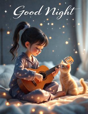 The primary subject of the image is a young girl sitting on a bed, playing a guitar. The setting is a cozy bedroom, with a bed visible in the background. The visual style is a digital art illustration, creating a warm and inviting atmosphere. The colors are predominantly warm and soft, with the girl's outfit and the guitar's color being the main focus.