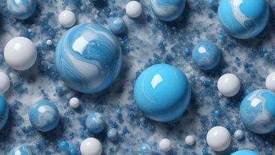The primary subject of the image is a blue sphere, which is surrounded by a variety of blue and white balls. The setting appears to be a blue and white background, creating a visually appealing contrast with the blue sphere. The visual style of the image is a combination of photo and digital art, as it features a close-up of the blue sphere and a pattern of blue and white balls. The colors and mood of the image are predominantly blue and white, giving it a calm and serene atmosphere.